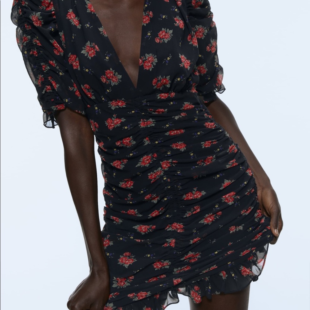 Zara Black and Red Floral Mini Dress